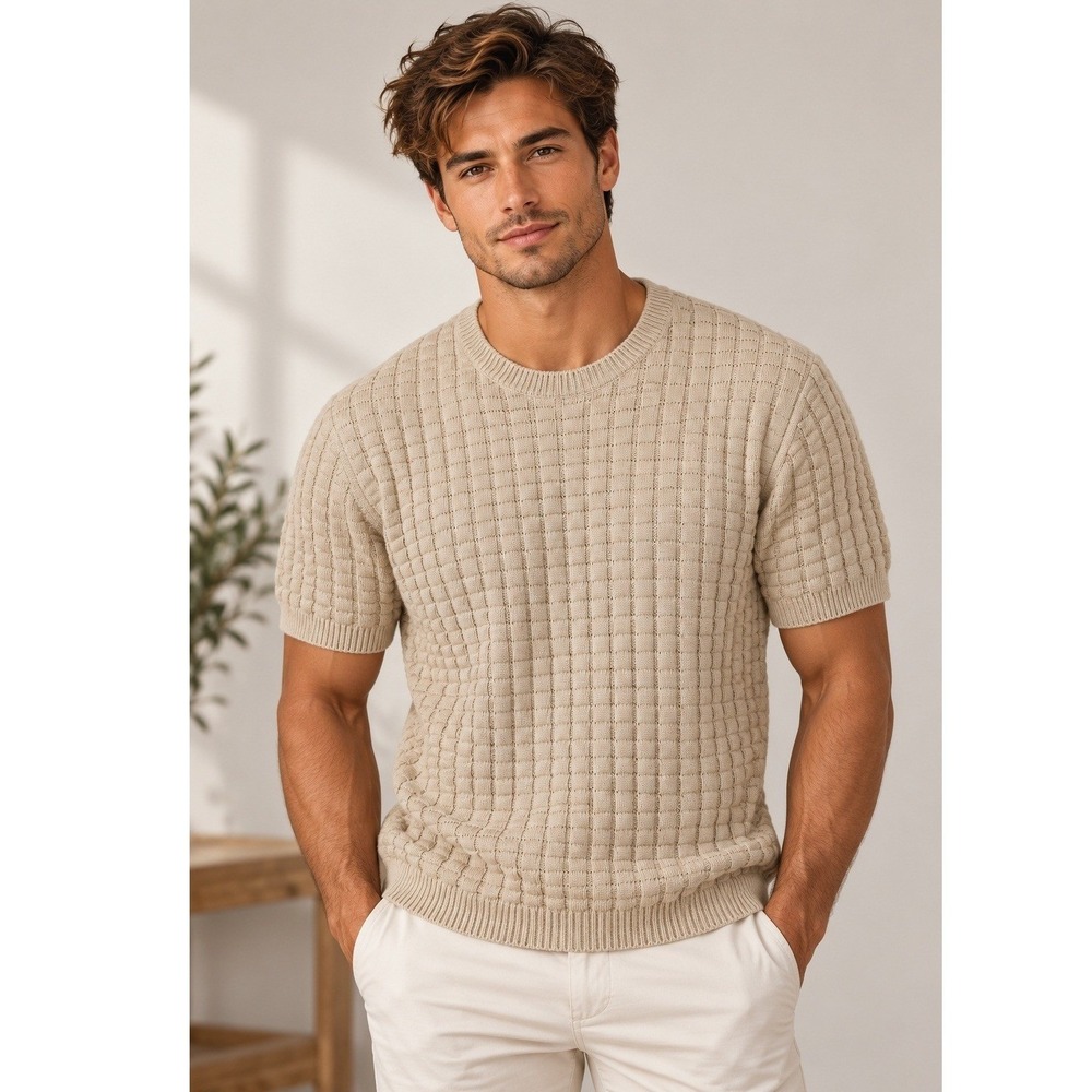 Topman Mens XXL Beige Earth Tone Textured Knit Short Sleeve Crew Neck Sweater